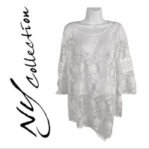 NY Collection Womens NWT Sheer See Through White Flower Top size Medium